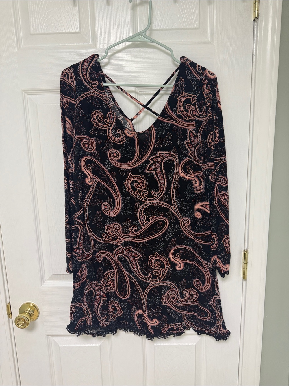 Xhilaration Black & Pink Paisley Long-Sleeve Crisscross Back Dress